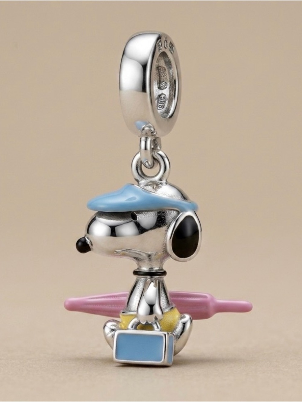 Sterling Silver snoopy  Surfing Charm with Blue Hat and Pink Board